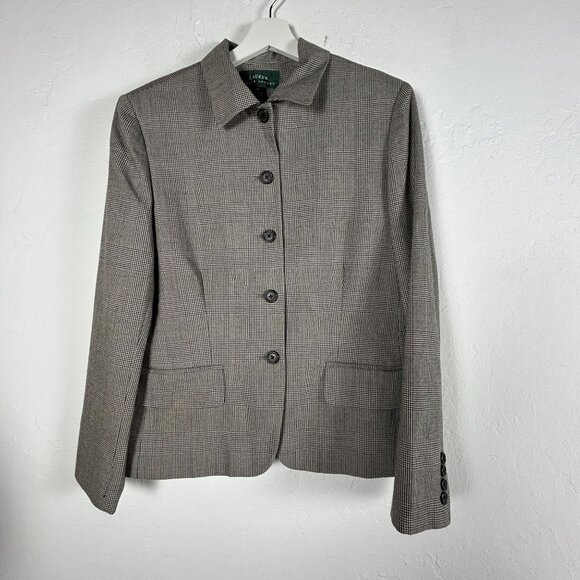 Lauren Ralph Lauren Women Wool Plaid Blazer Jacket Size 14 Single Breasted Black - Picture 1 of 7